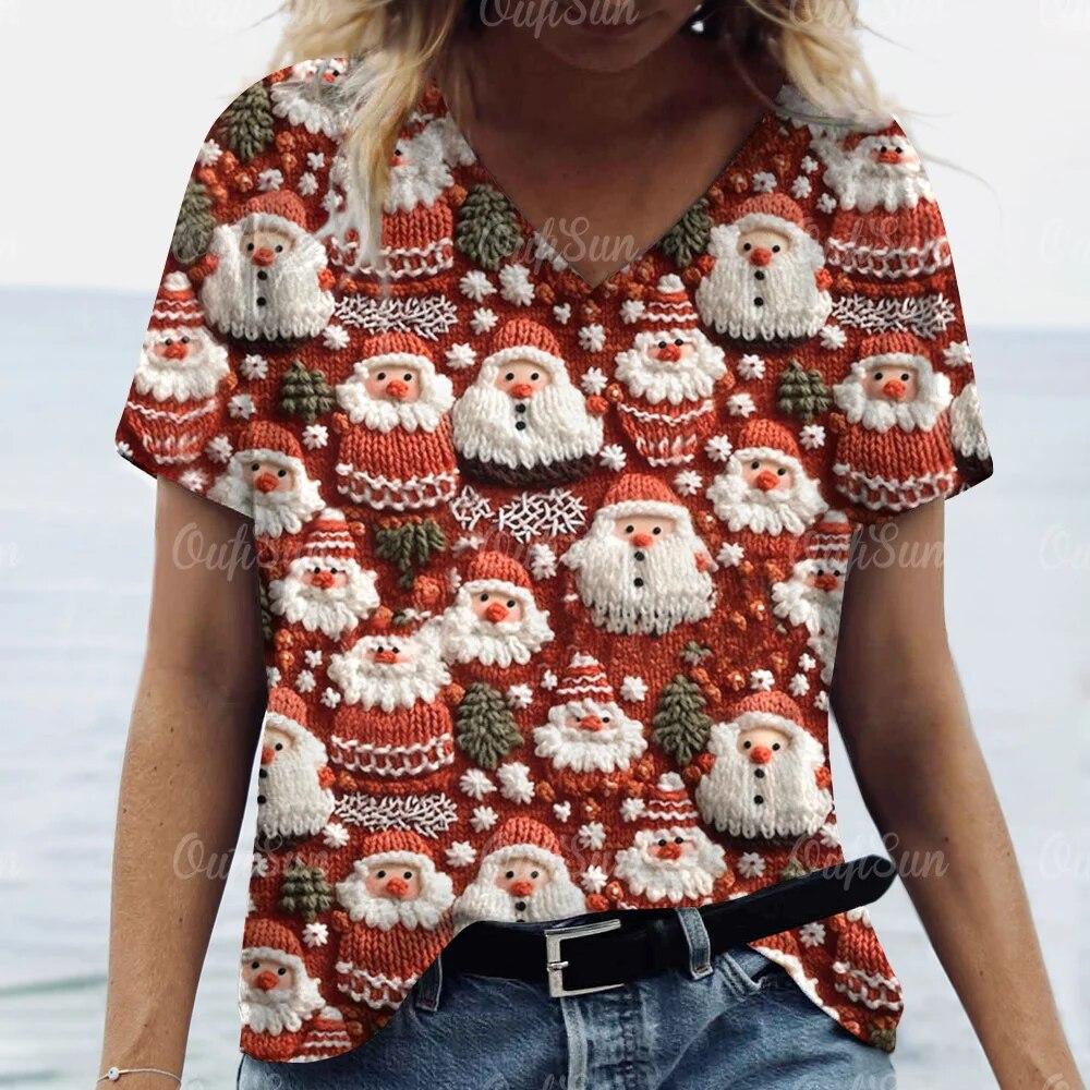 Новая рождественская женская футболка с 3D принтом Санта-Клауса, футболки с короткими рукавами и v-образным вырезом, уличная одежда большого размера, женский пуловер в стиле Харадзюку, топы