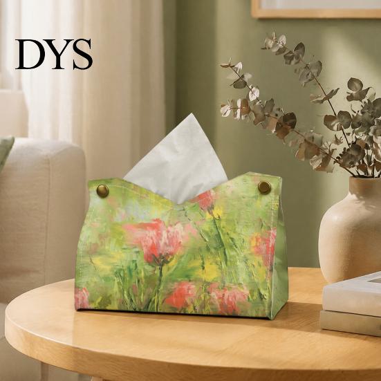 Foldable Napkin Storage Leather Tissue Box Cover with Oil Painting Pattern, Desktop Organizer, Holder Multi Purpose Case, Facial Paper Organizer