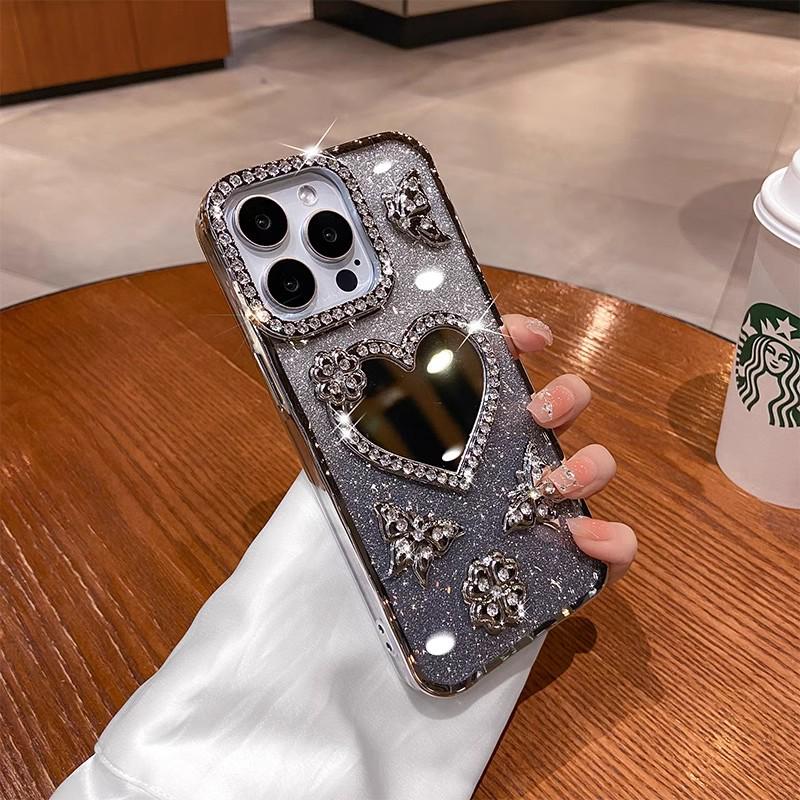 Применимый чехол-зеркало с блестящими стразами в форме сердца для iPhone 17 Pro Max - Совместим с iPhone 16/15, Блестящая защитная накладка