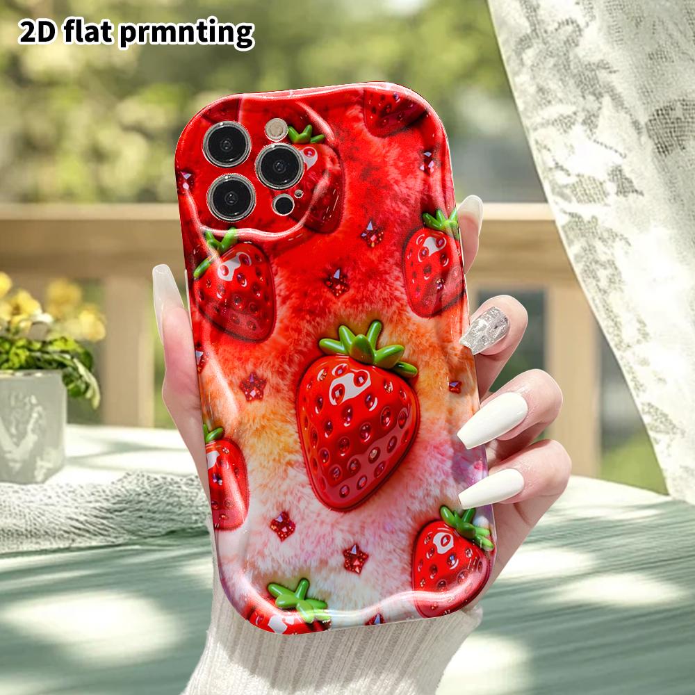 Phone case: 2D flat, fits iPhone 12 Pro, 13, 14, 15, 16, 17, 18, phone decoration, full-print glossy strawberry, perfect festive gift for Christmas an