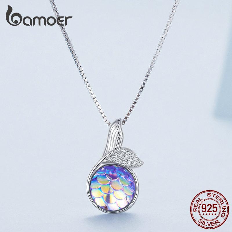 BAMOER 925 Sterling Silver Mermaid Fishtail Pendant Necklace Colorful Fish Scales Neck Chain for Women Fine Jewelry Gift