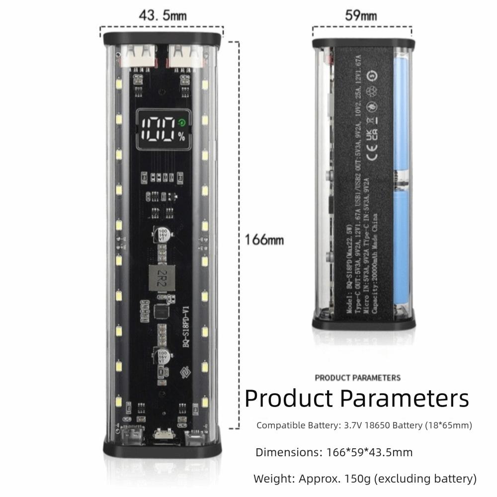 Transparent Power Bank Case LED Screen Fast Charging Power Bank DIY Power Bank Case Outdoor Use
