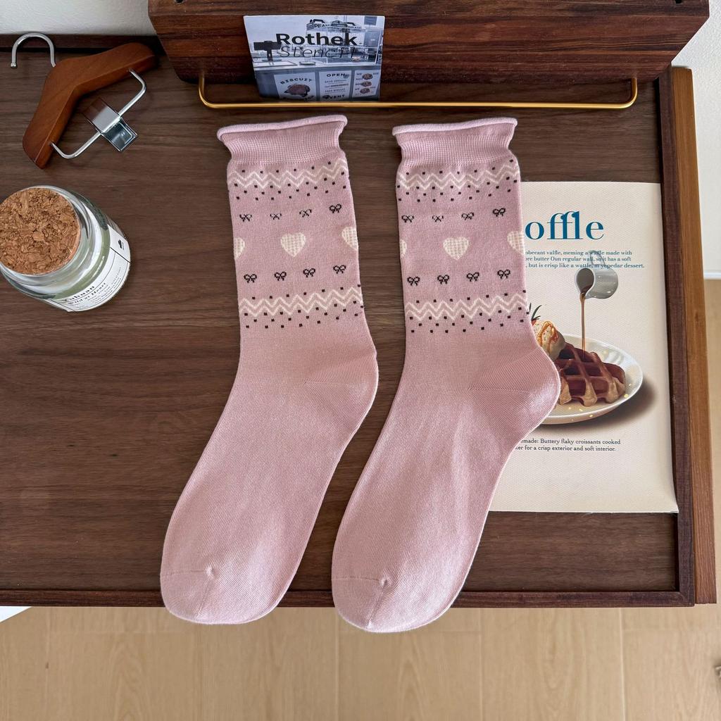 Белые гольфы до середины голени, стиль бантик любовь, носки из хлопка с подвернутым краем, корейский студенческий стиль