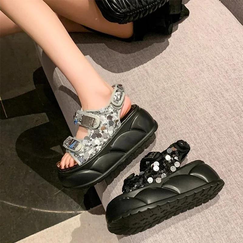 Fashion Summer Sandals Bling Leather High Platform Trainers Breathable Casual Slippers Shoes Woman 7CM Heels Wedge Sneakers Zhuoya31505
