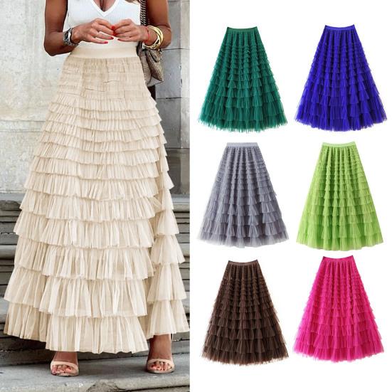 Женская юбка-торт, эластичная юбка А-силуэта с высокой талией, многослойная, с оборками, однотонная, юбка макси, для работы, отдыха, повседневной носки