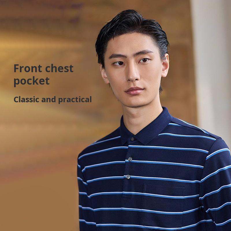 [Long staple cotton] Langdeng 2025 autumn new men's long sleeved T-shirt business stripe lapel polo shirt