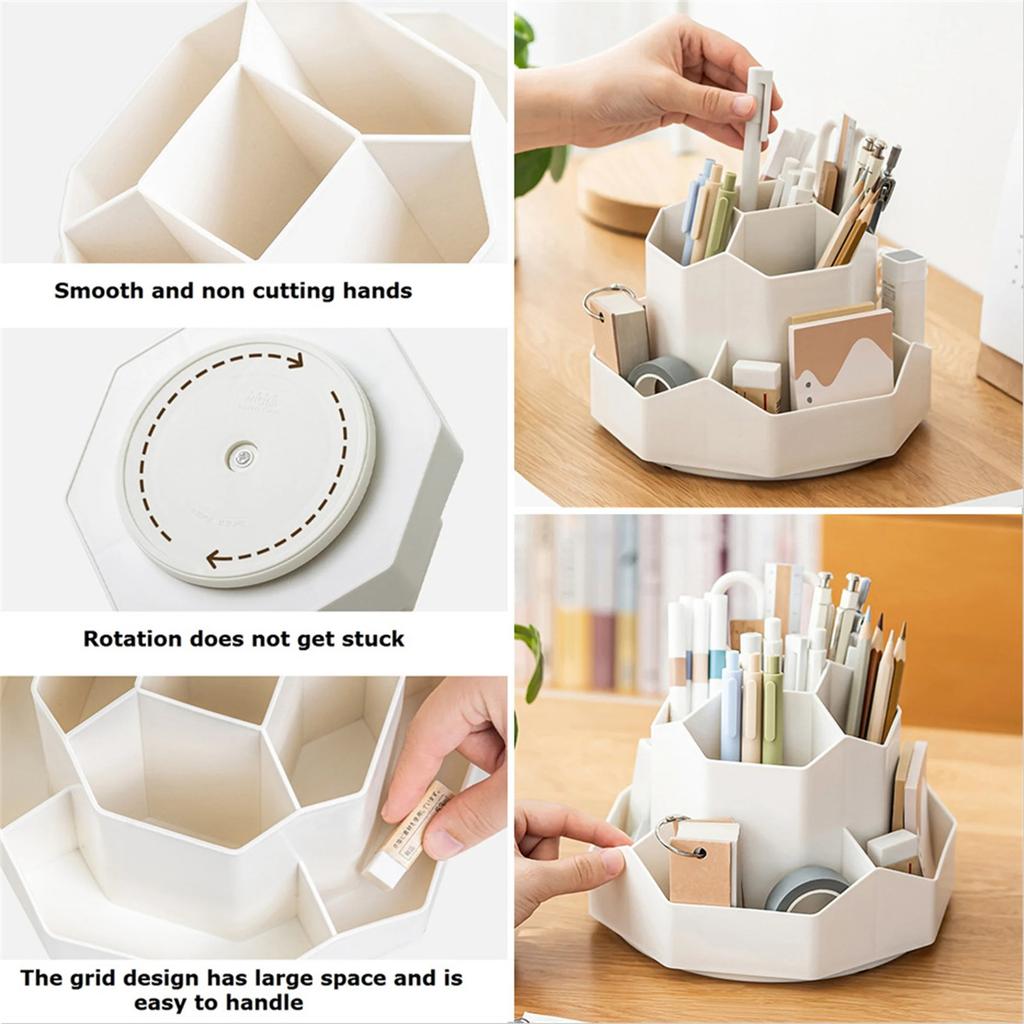 Large Capacity Desk Pencil Storage Box 9-Grid Stationery Organizer Pen Stand 360°Rotatable Pen