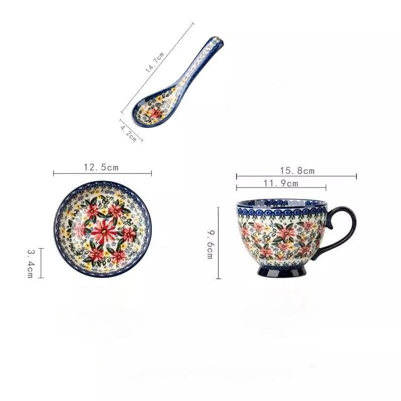 Расписанная вручную керамическая суповая миска с подносом для закусок, винтажный цветочный рельефный дизайн, можно использовать в микроволновой печи, большая ручка и толстое дно, идеально подходит для хлопьев, орехов