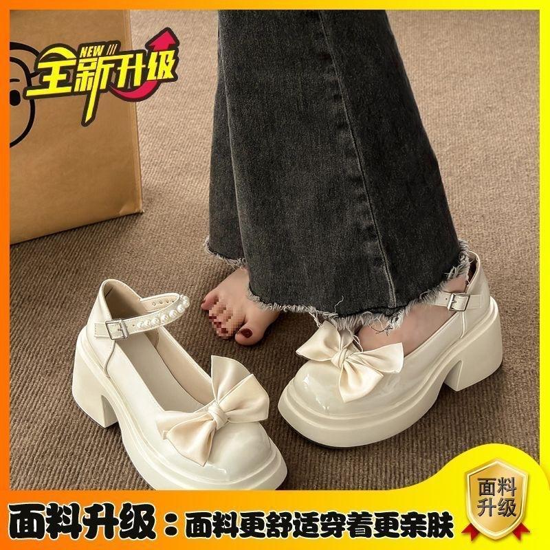 Французские туфли Мэри Джейн из кожи, женские весенние туфли на платформе с бантом и юбкой, толстый каблук, одинарные туфли на высоком каблуке