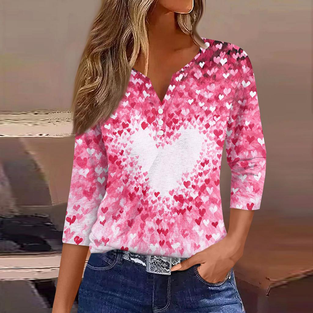 Жен. Футболка Футболка С принтом Пуговицы Рукав 3/4Ежедневно Выходные Мода Классический Топ с v-образным вырезом Обычный