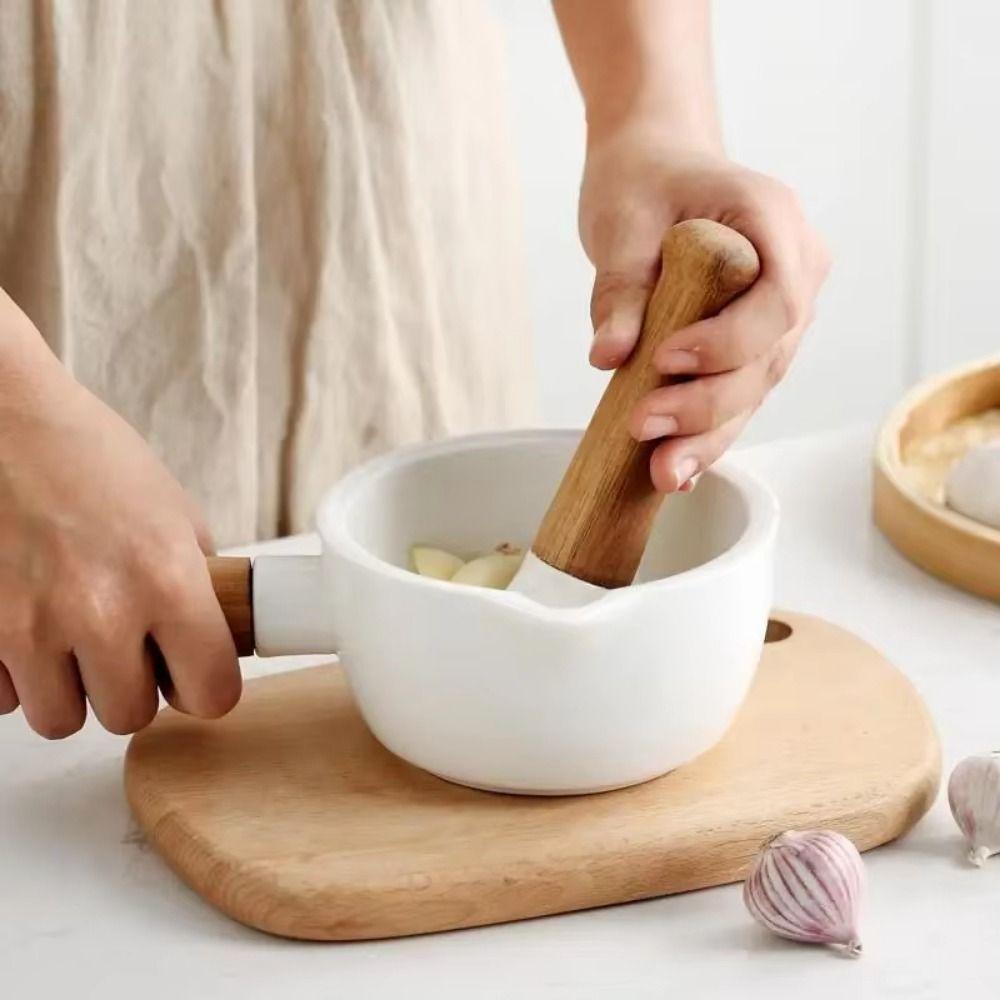 1pc Ceramic Mortar and Pestle with Wooden Handle Sturdy, Efficient Grinder for Seasoning, Spices, and Herbs Comfortable Grip, Wear Resistant Design