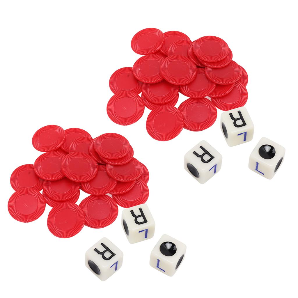 2 набора Левый Правый Центр Игра в кости 16 мм с 3 кубиками 24 фишки для семейных вечеров, встреч с друзьями, игр, вечеринок, красный