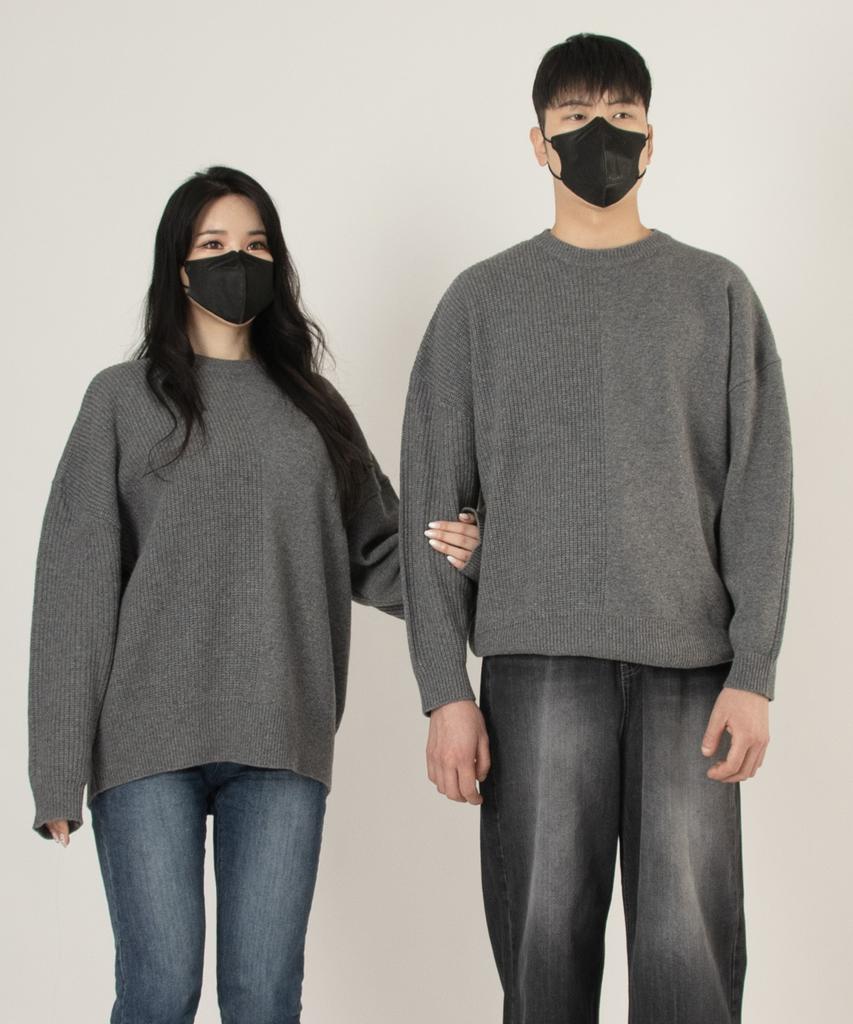 SALON DE SEOUL Unisex Half Reversible Pattern Round Oversized Wool Knit - Gray