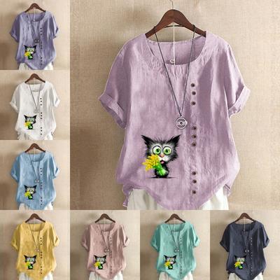 Женская модная футболка с коротким рукавом и принтом в виде цветка и черного кота, свободная хлопковая рубашка, повседневная свободная летняя блузка, топы больших размеров