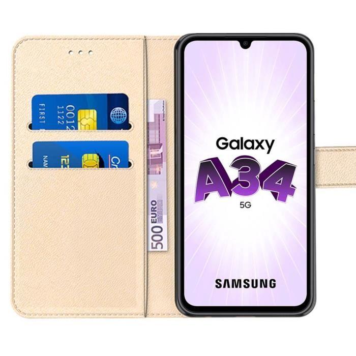 Coque de protection - BOOLING - pour Samsung Galaxy A34 5G - Effet cuir doré - Support de visionnage - Antichoc