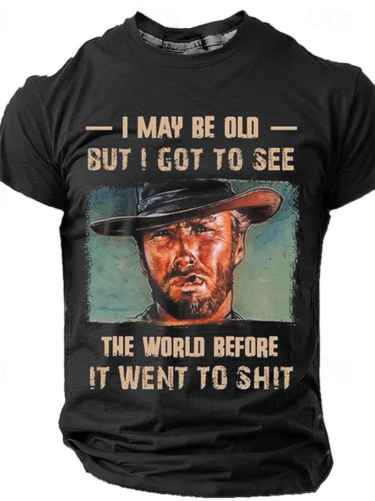 Men Vintage Cowboy 3D Print T-Shirt, Loose Fit Outdoor Streetwear Short Sleeve Top