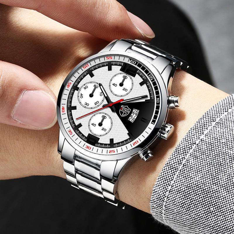 3PCS Set Fashion Mens Sports Watches Men Business Steel Quartz Wrist Watch Date Male Casual Necklace Bracelet Wristwatch Men Gift