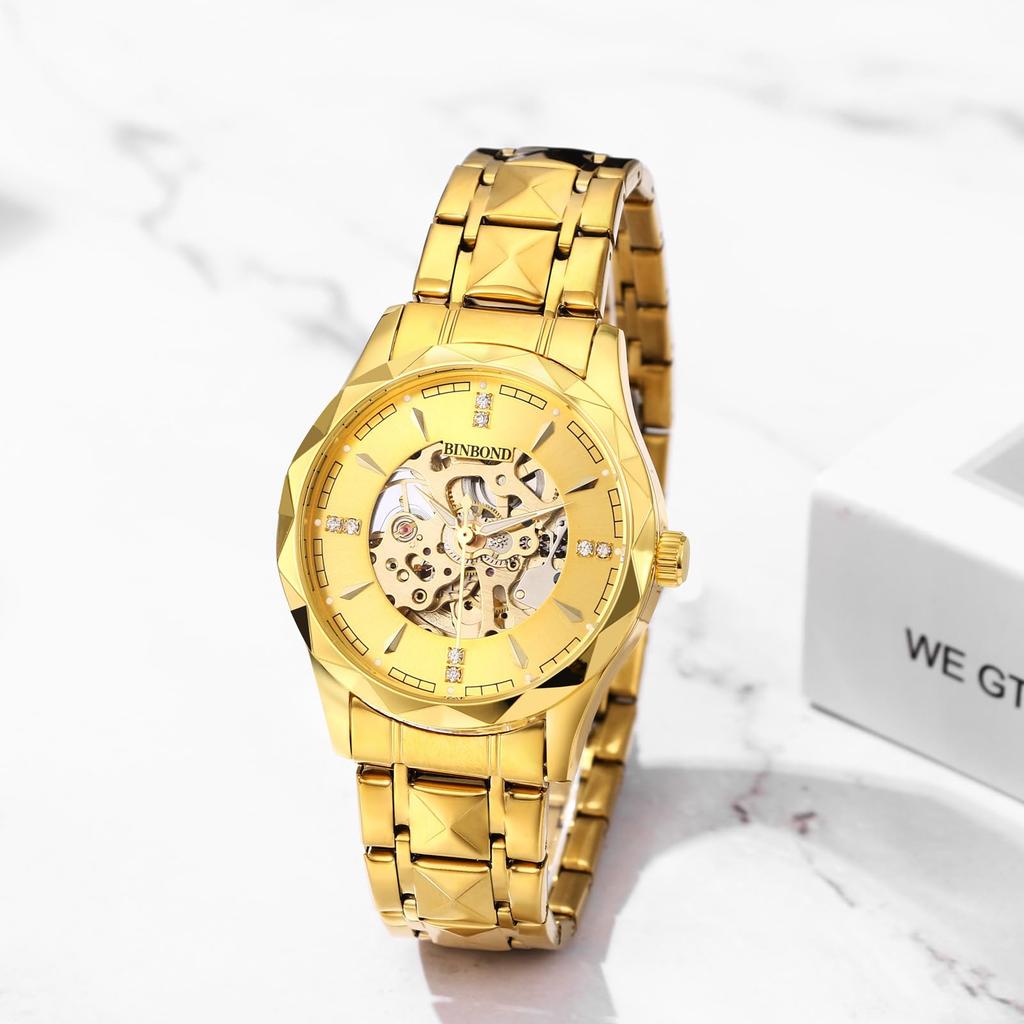 Автоматический скелетон 3ATM водонепроницаемый светящийся аналоговый нержавеющая сталь золото простые стильные повседневные деловые модные аксессуары день рождения годовщина