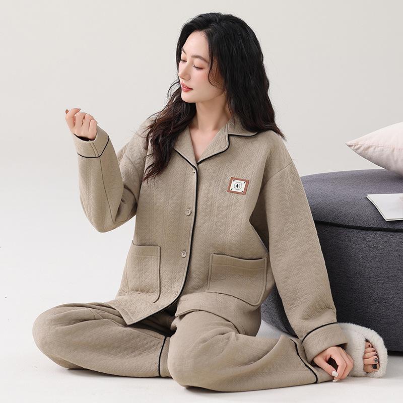 Pajamas women's spring and autumn thickened pure cotton long-sleeved autumn and winter air cotton interlayer thin padded loungewear set