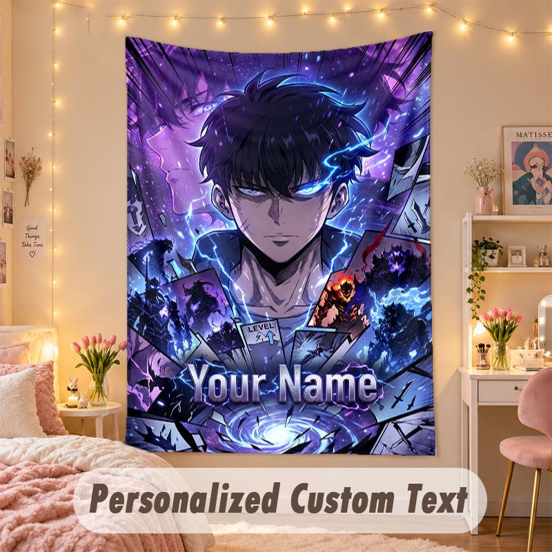 Custom Personalized Tapestry,Solo Leveling Print Custom Name Text Wall Art Hanging for Bedroom