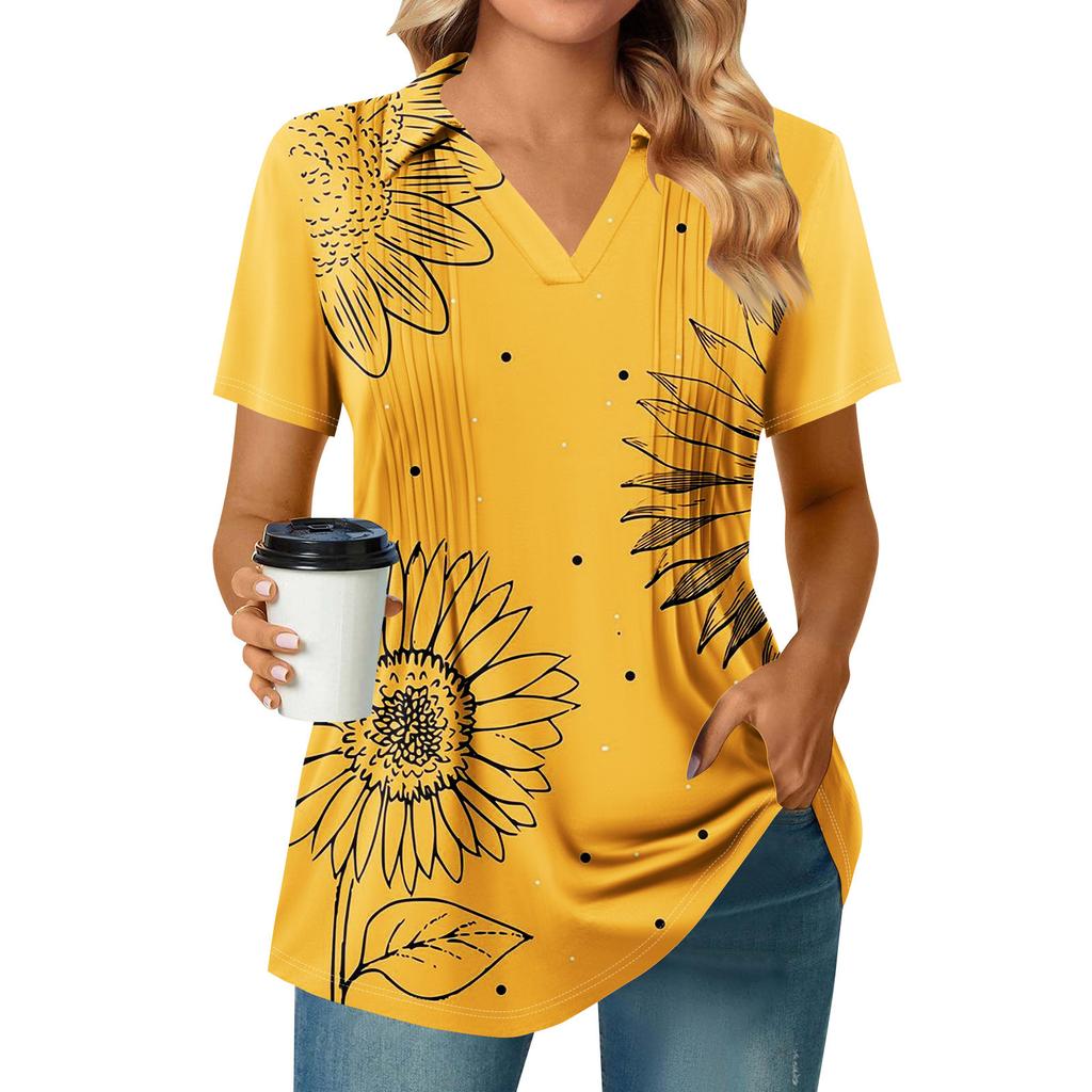 Women's Pleated V-neck Short Sleeved Sunflower Print T-shirt Business Casual Shirt