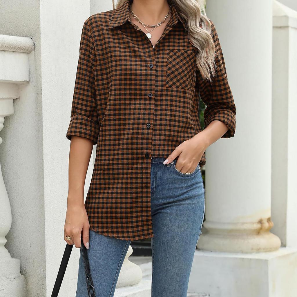 YYFS Женская мода повседневная весна осень клетчатый принт длинный рукав воротник поло блузки и рубашки