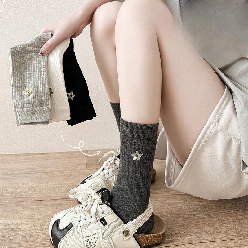 Dui Dui Socks Women's Spring Five-pointed Star Embroidered Mid-calf Socks Pull A Long Calf Sock