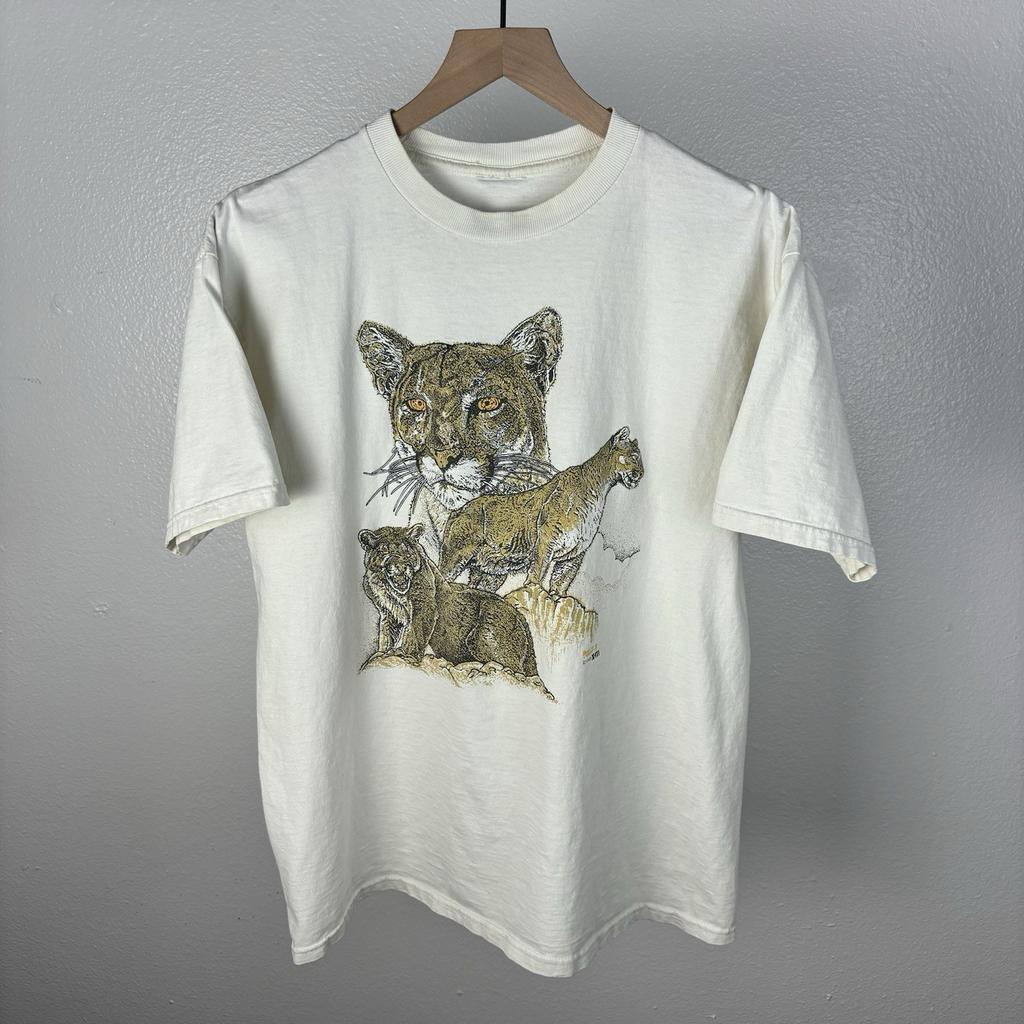 Vintage 90’s 1993 Lion Lioness Animal Nature Art White X-IT! T Shirt Size Large