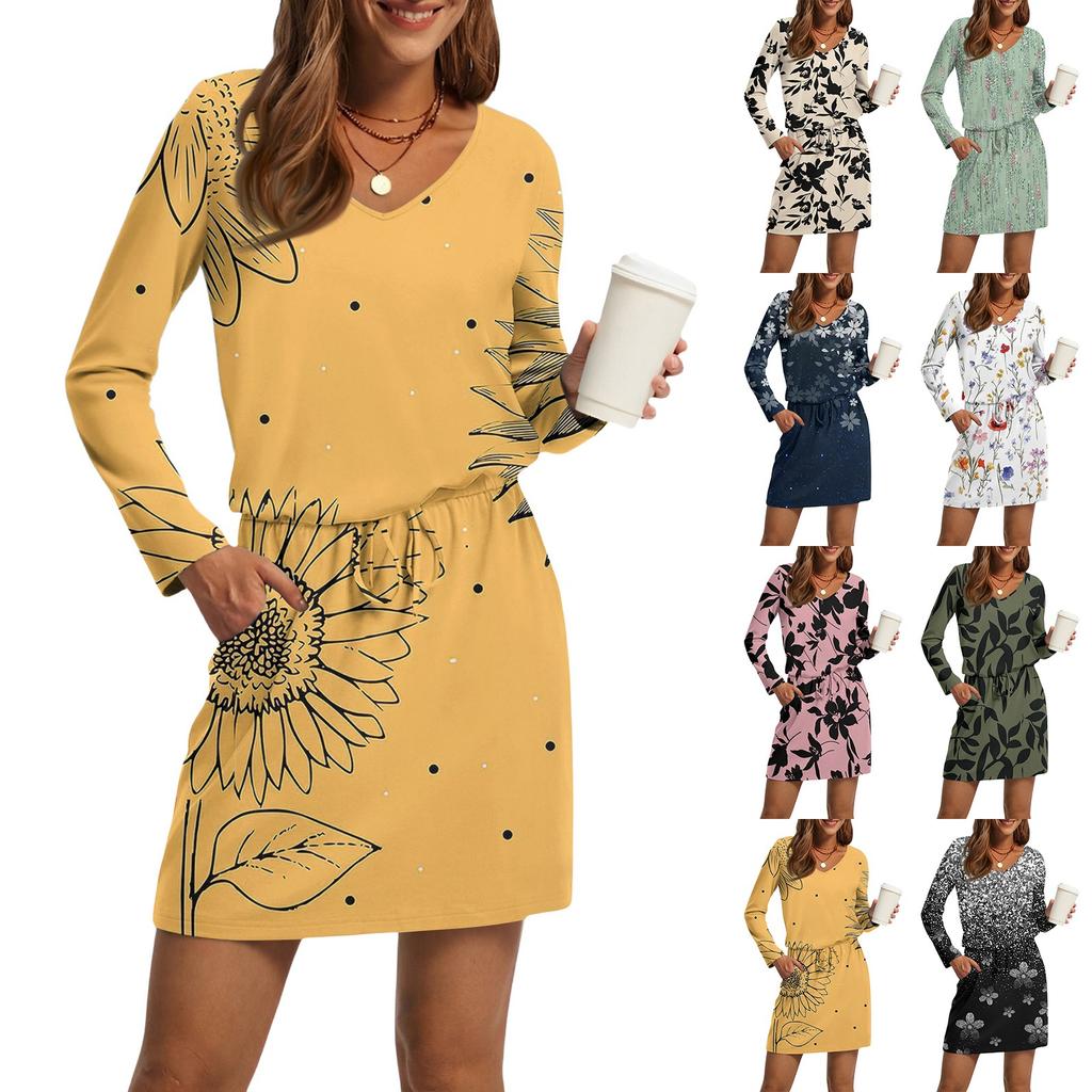 Women's Fashion V-Neck Long Sleeve Drawstring With Pocket Floral Print Casual Dresses