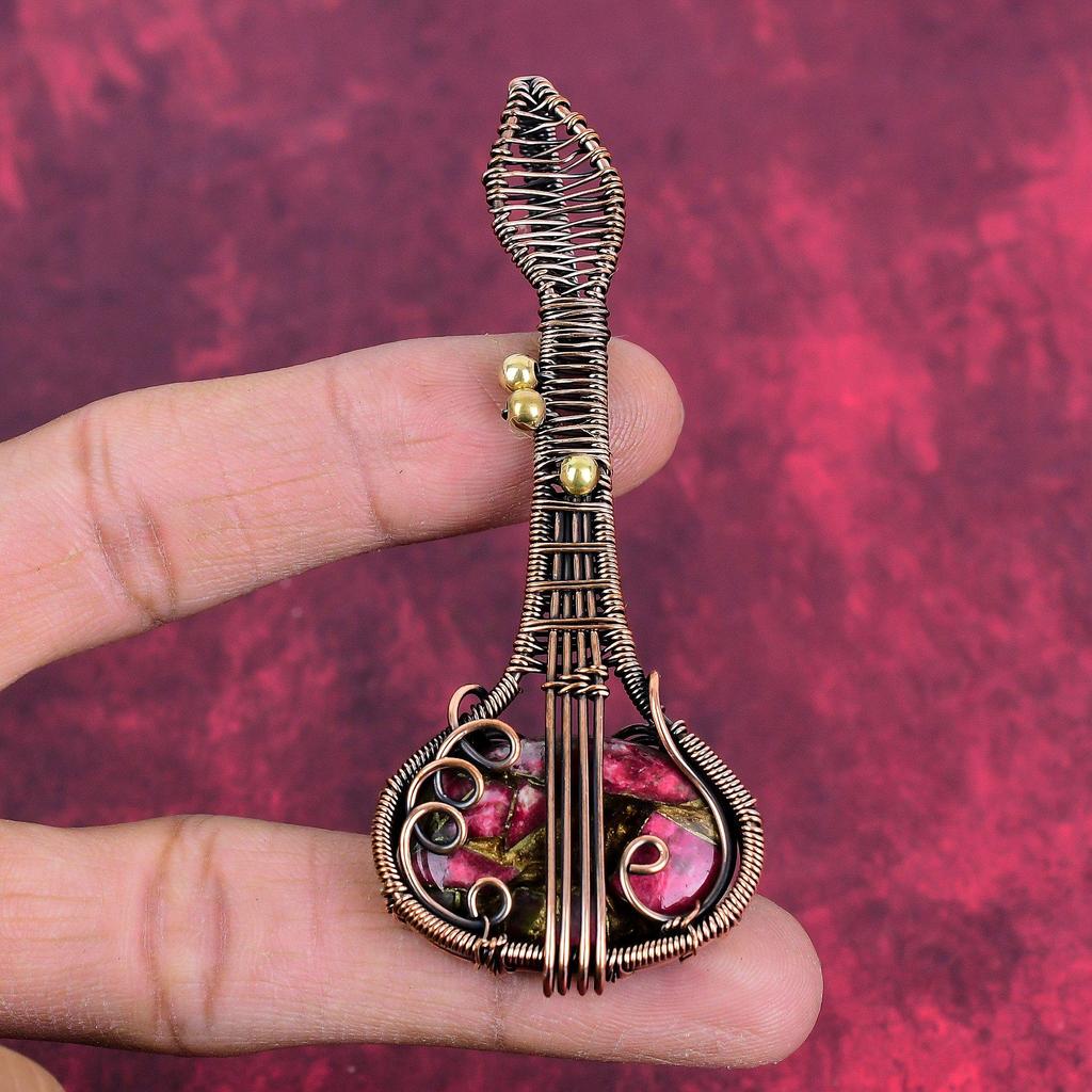 Copper thulite pendant copper wire wrapped pendant guitar gemstone pendant handmade pendant copper wire wrapped jewelry anniversary gifts