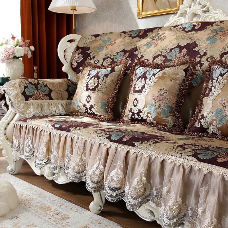 European Lace Edge Sofa Cover Jacquard Chenille Fabric Couch Cushion Home Living Room Anti-slip Four Seasons Universal Slipcover