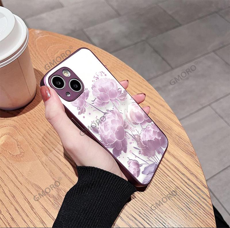 Нишевый модный чехол для мобильного телефона iPhone16 Новый китайский чернильный пион стеклянный чехол Защитный чехол для Apple 17promax
