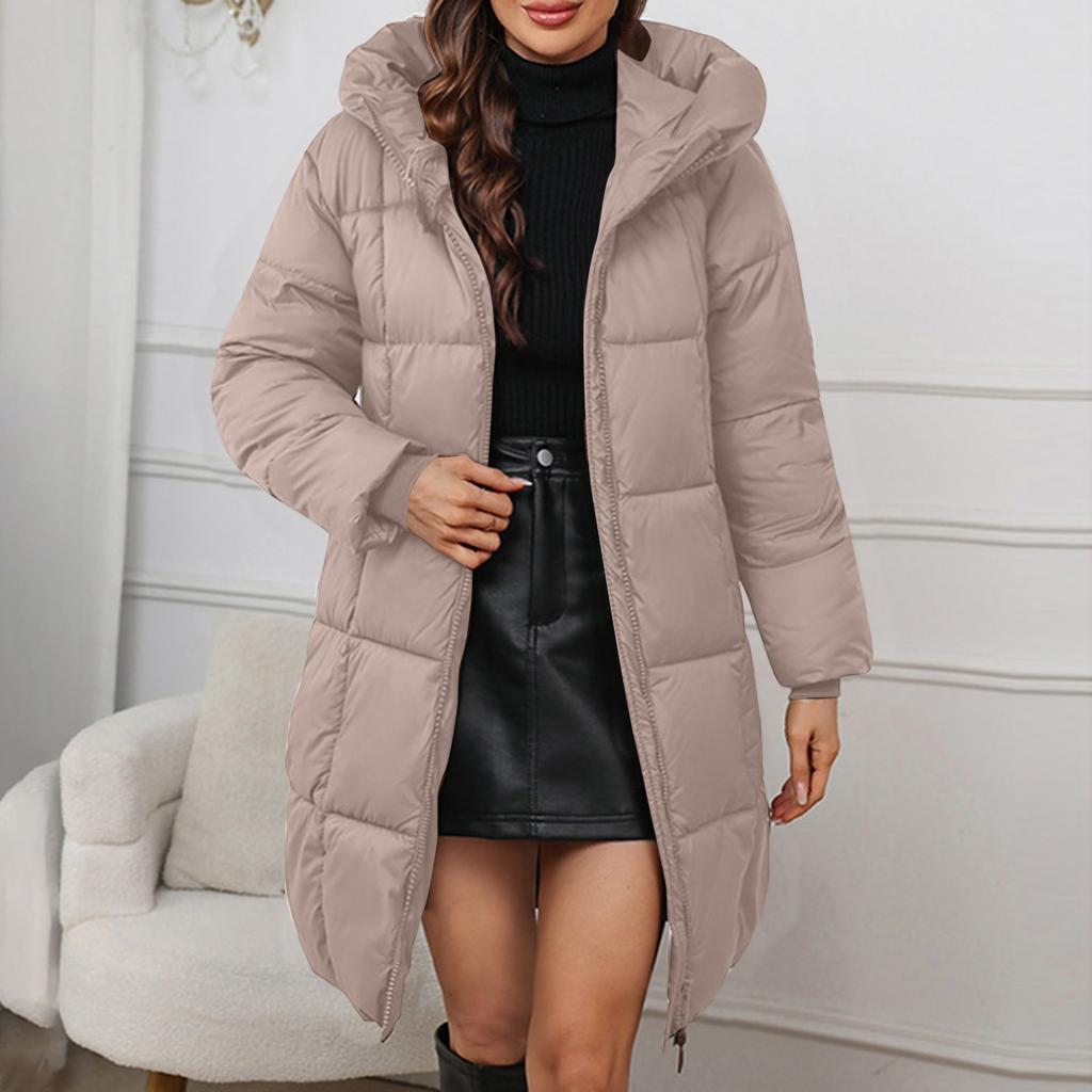 Women's Solid Color Hooded Medium Long Thick Waist Padded Coat
