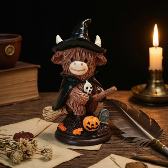 Farmhouse Table Ornaments 2Pcs Halloween Highland Cow Witch Ornament, Resin Figurine with Hat Pumpkin Broom Office Desk Accessories & Skull,