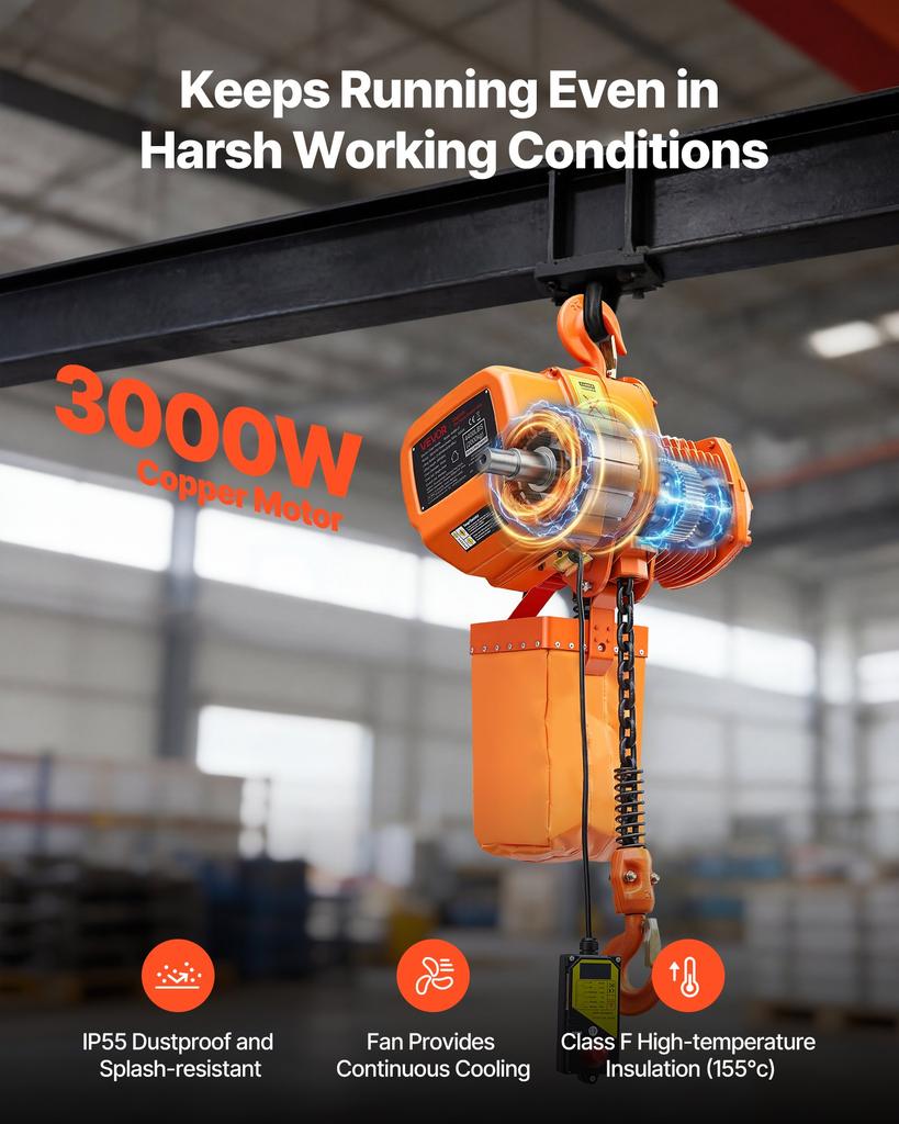 VEVOR 2000 kg Electric Chain Hoist, 6 m Lifting Height, Three-Phase Overhead Crane with 100 m Wireless Remote Control