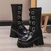Fashion Women's Gothic Chunky Heel Mid Calf Boots Metal Buckle Strap Platform Punk Boots Woman Thick Bottom PU Leather Motorcycle Shoes