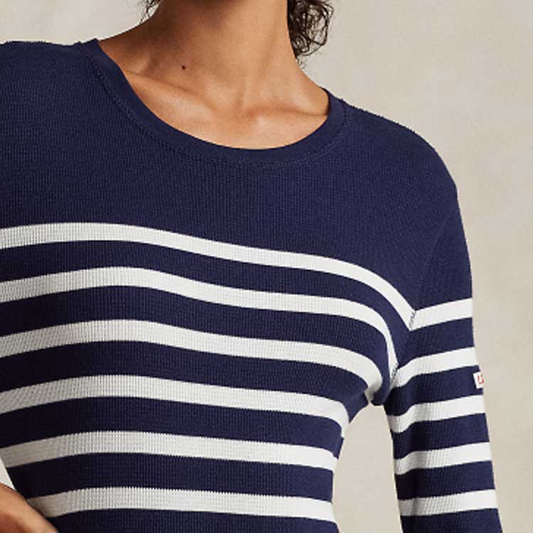 Polo Ralph Lauren SS24 Полосатое вафельное трикотажное платье Slim Fit с длинным рукавом Женские платья Темно-синего цвета WMPODRSNFA20618-410