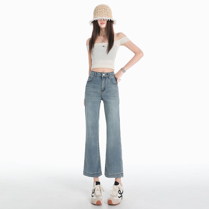 Ge Di Jie Le Sail Tencel slim fit elastic slit jeans for women, slim fit high waisted ice silk micro flared pants
