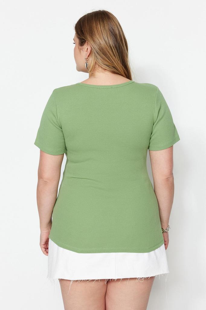 Women's Style Plus Size Navy Blue Collar Detailed Ribbed Knitted T-shirt