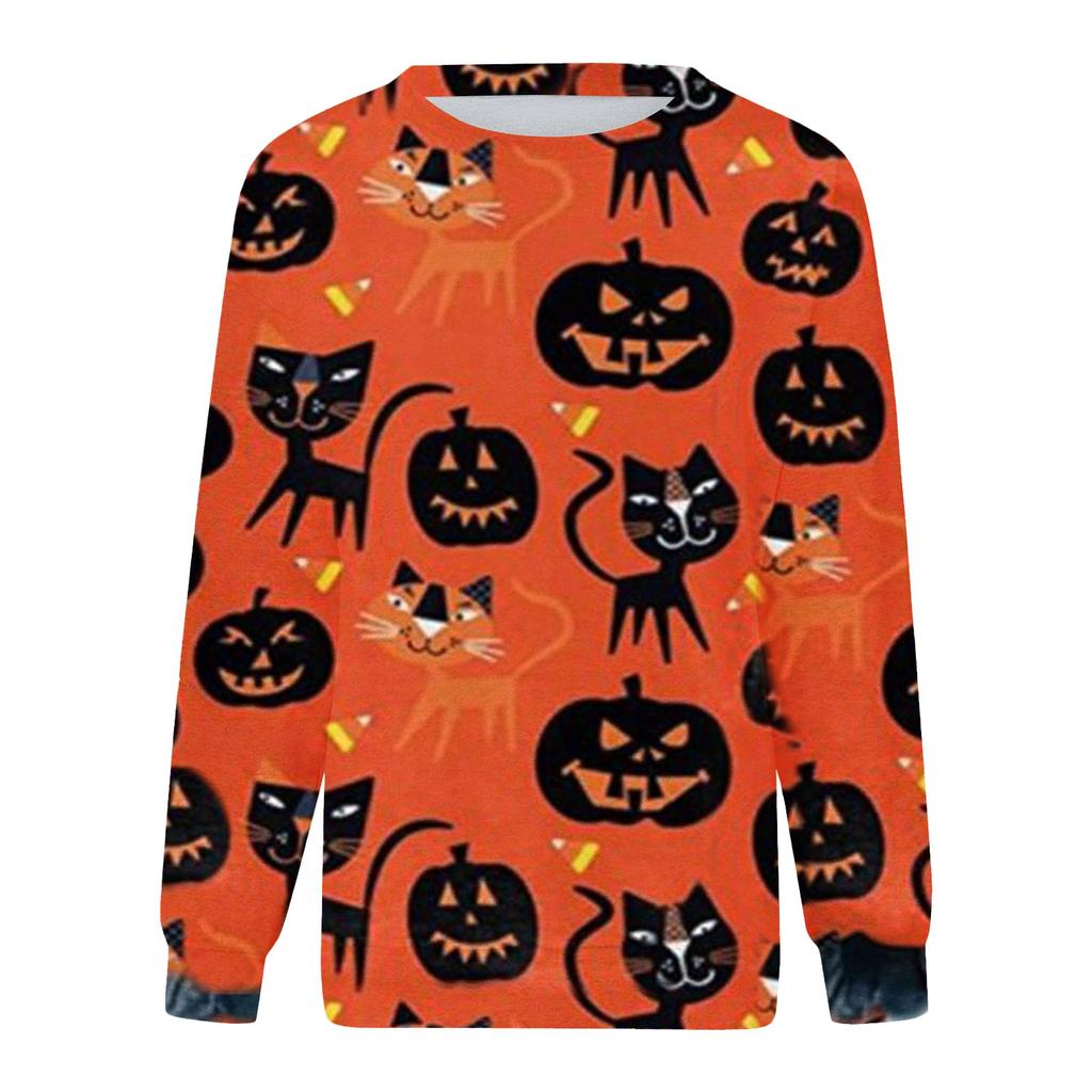 Fashion Women Halloween Print Party Round Neck Long Sleeve Socket Head Tops