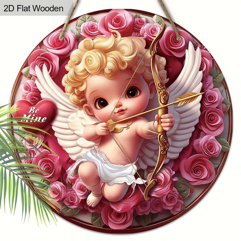 1 шт. 2d плоский очаровательный круглый деревянный знак Купидон и венок - 20 см подарок на День святого Валентина, весенний и фермерский декор для дома, стены и двери