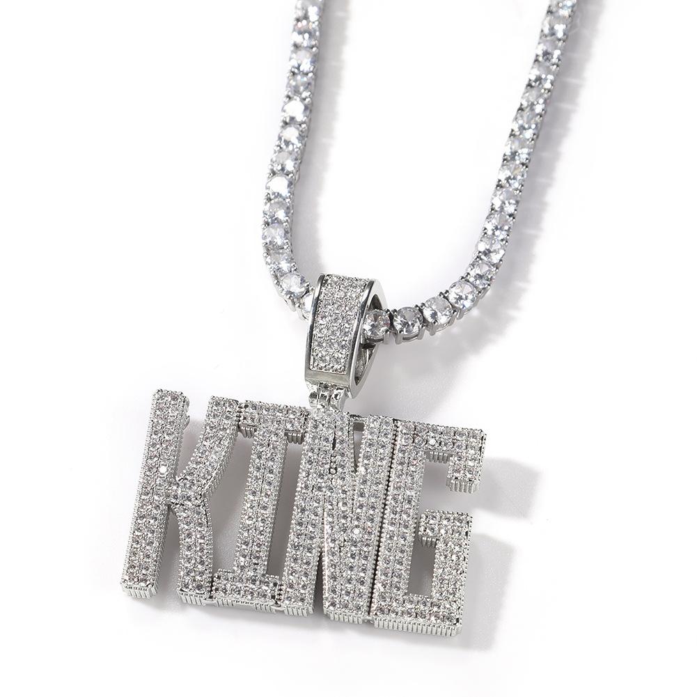 Custom Micro Paved CZ Diamond CEO King Name Pendants Trendy Brass Zircon Sublimation Capital Letters Rhodium Plated Iced Chain