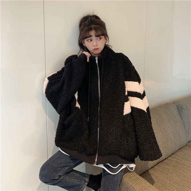 Осень-зима женская куртка с капюшоном на молнии уличная рубашка пальто искусственная овечья шерсть свободный кардиган свитер одежда Y2k
