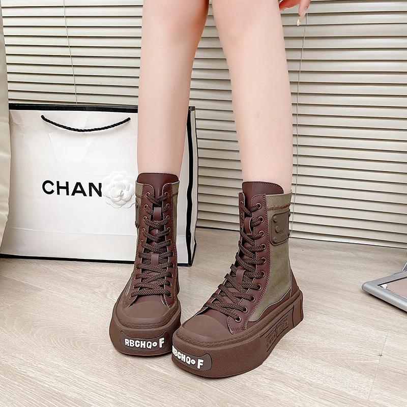 Модные высокие толстые парусиновые женские сапоги на толстой подошве 2024 года, осень, новые квадратные универсальные спортивные модные короткие сапоги на шнуровке для женщин
