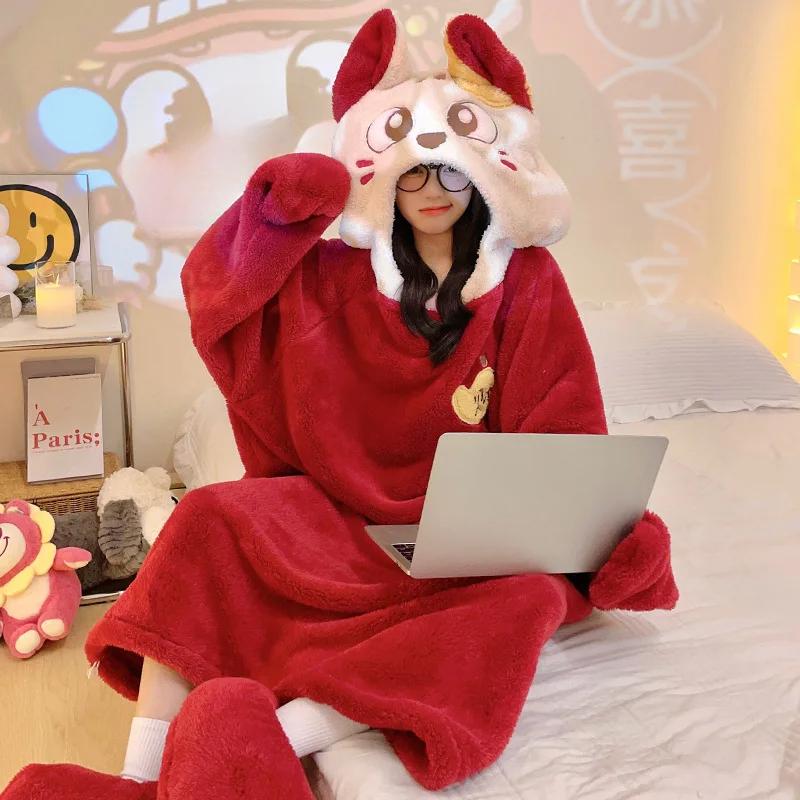 Зимняя фланелевая ночная рубашка с капюшоном, теплая пижама, банный халат, кавайная одежда, пижама, очень большая утепленная домашняя одежда, ночная рубашка в корейском стиле