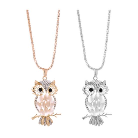 Owl Necklace Sweater Chain Faux Opal Rhinestone Decor Alloy Clothes Jewelry Dating Prom Party Garment Decoration Necklace
