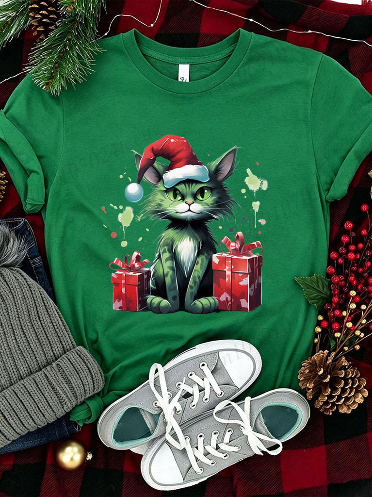 Women Men Christmas Green Cat T-shirt Santa Hat Cat Graphic Tee Shirt Funny Xmas Holiday Short Sleeve Casual Tops Cat Lover Gift