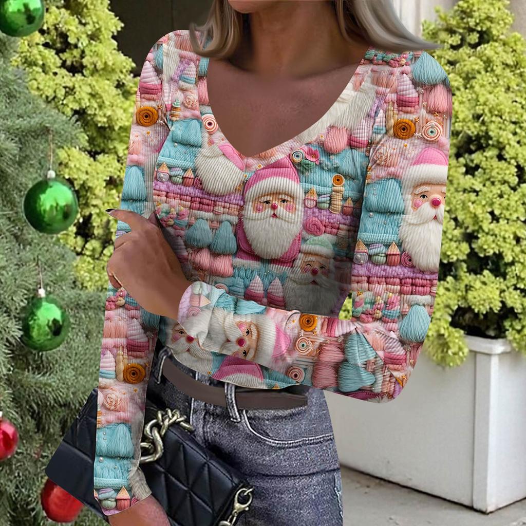 Женская зимняя облегающая футболка-базовый слой, модный рождественский принт, V-образный вырез, пуловер, топ с длинными рукавами