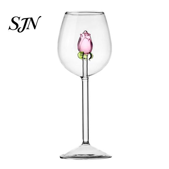 Luxury Glassware for Parties Red Wine Glass with Roses And Green Leaves Decorated, Clear Exquisite Rose Design Goblet Decorative Glass,