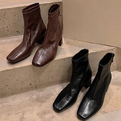 Виноградная мать осень и зима новые французские маленькие квадратные носки старая усадка конская кожа тонкие универсальные толстый каблук тонкие короткие ботинки женские